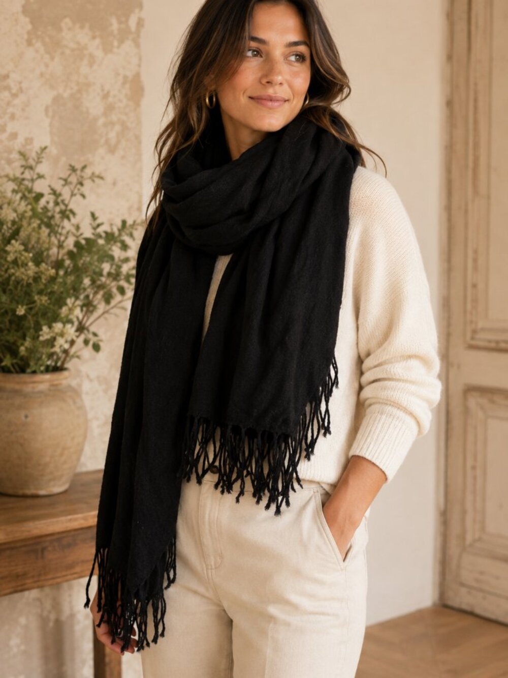 Cejon Black Scarf Shawl Womens Oversized Wrap Fringe Tassel Soft Classic Winter